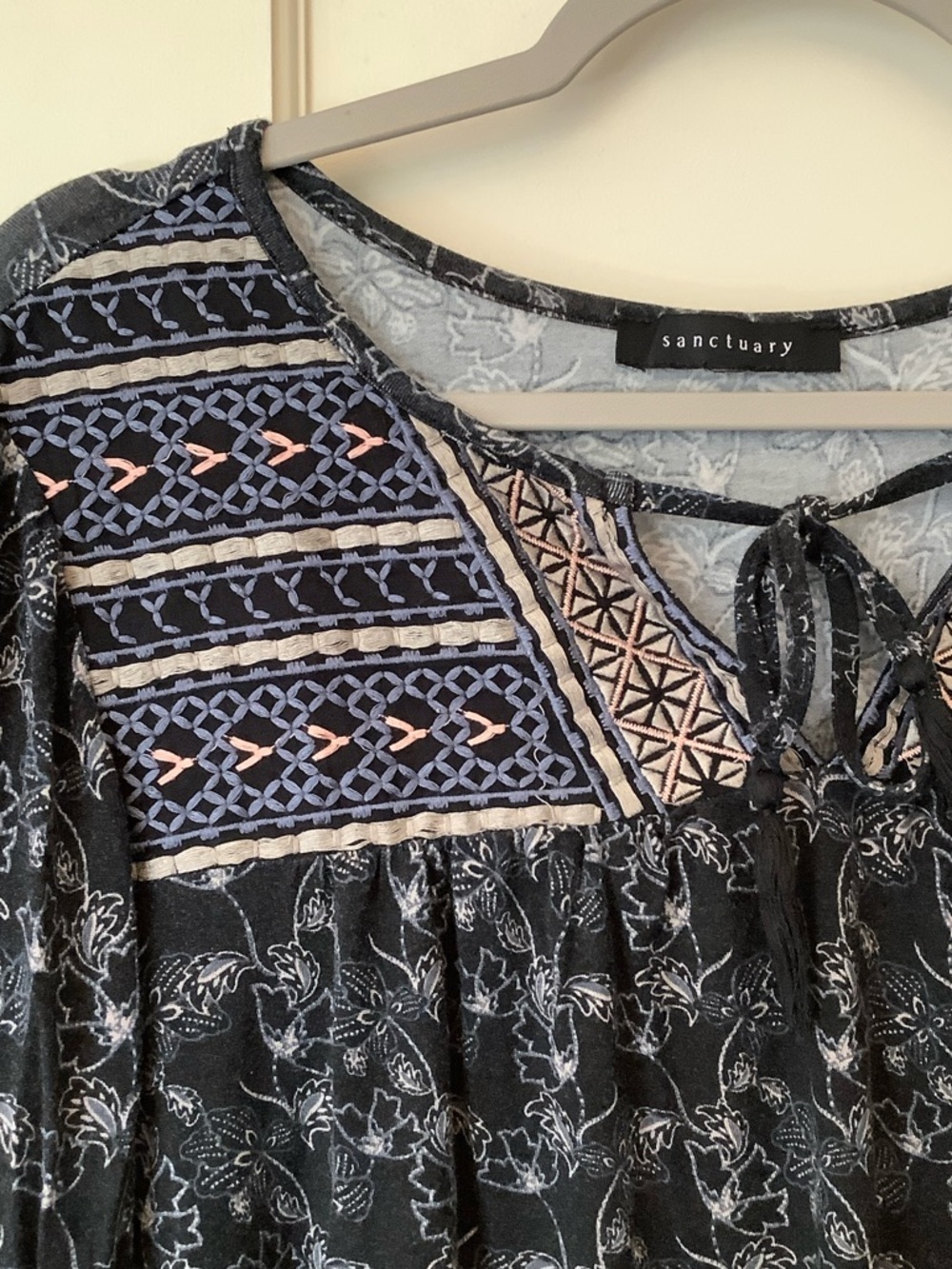Sanctuary Black Floral Embroidered Tie-Neck Tunic - Picture 3 of 4